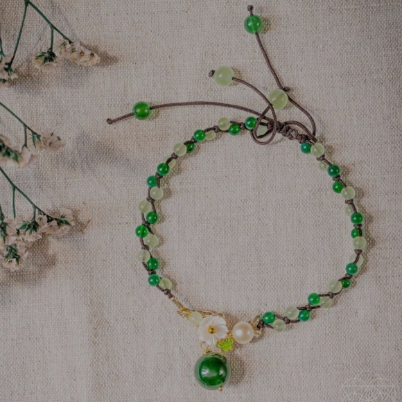 Jade Agate Pearl Anklet with Floral Charm - Picture 3 of 4